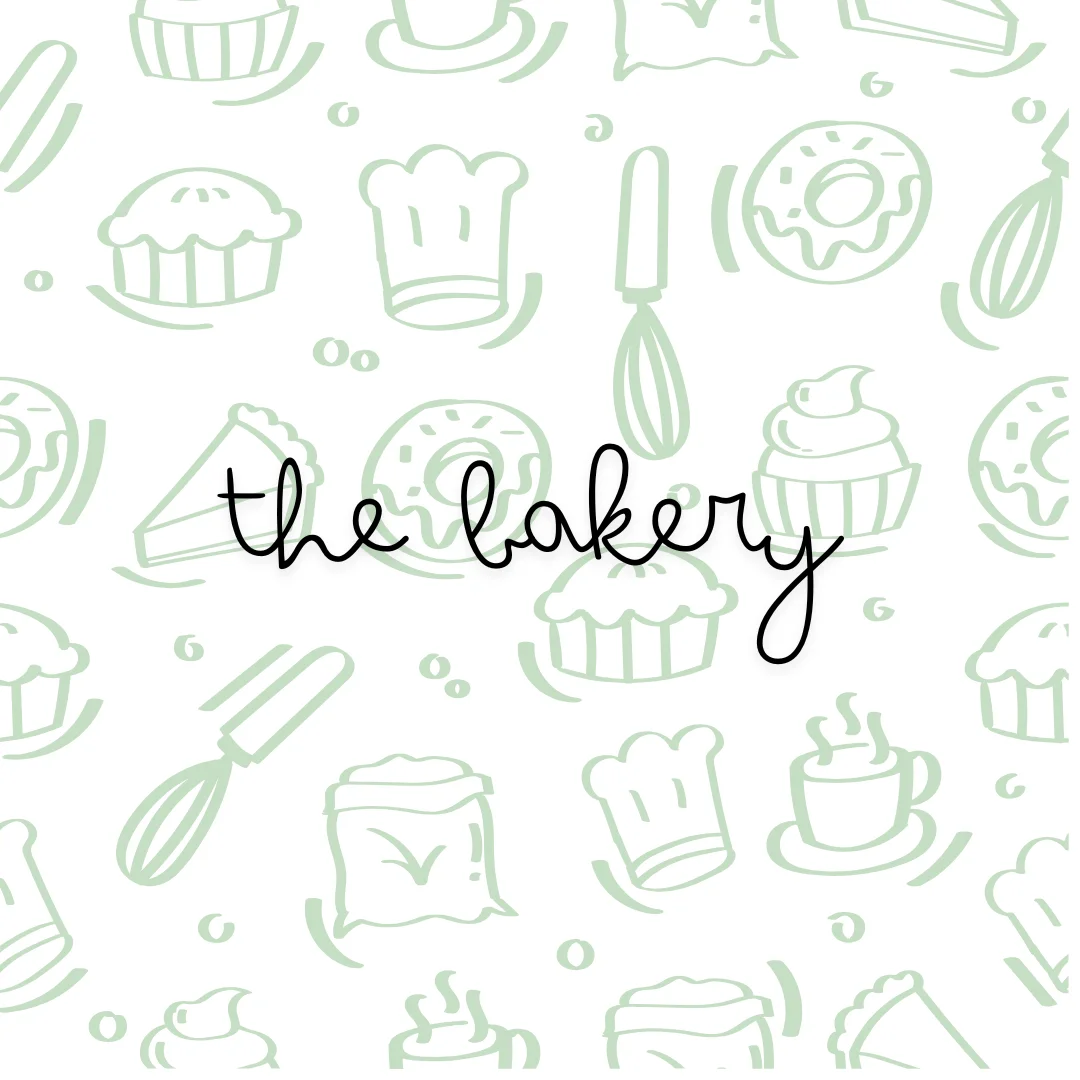 Illustration of bakery items with whimsical designs and the text 'the bakery'