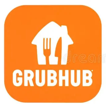 Grubhub logo featuring a house and utensils on an orange background