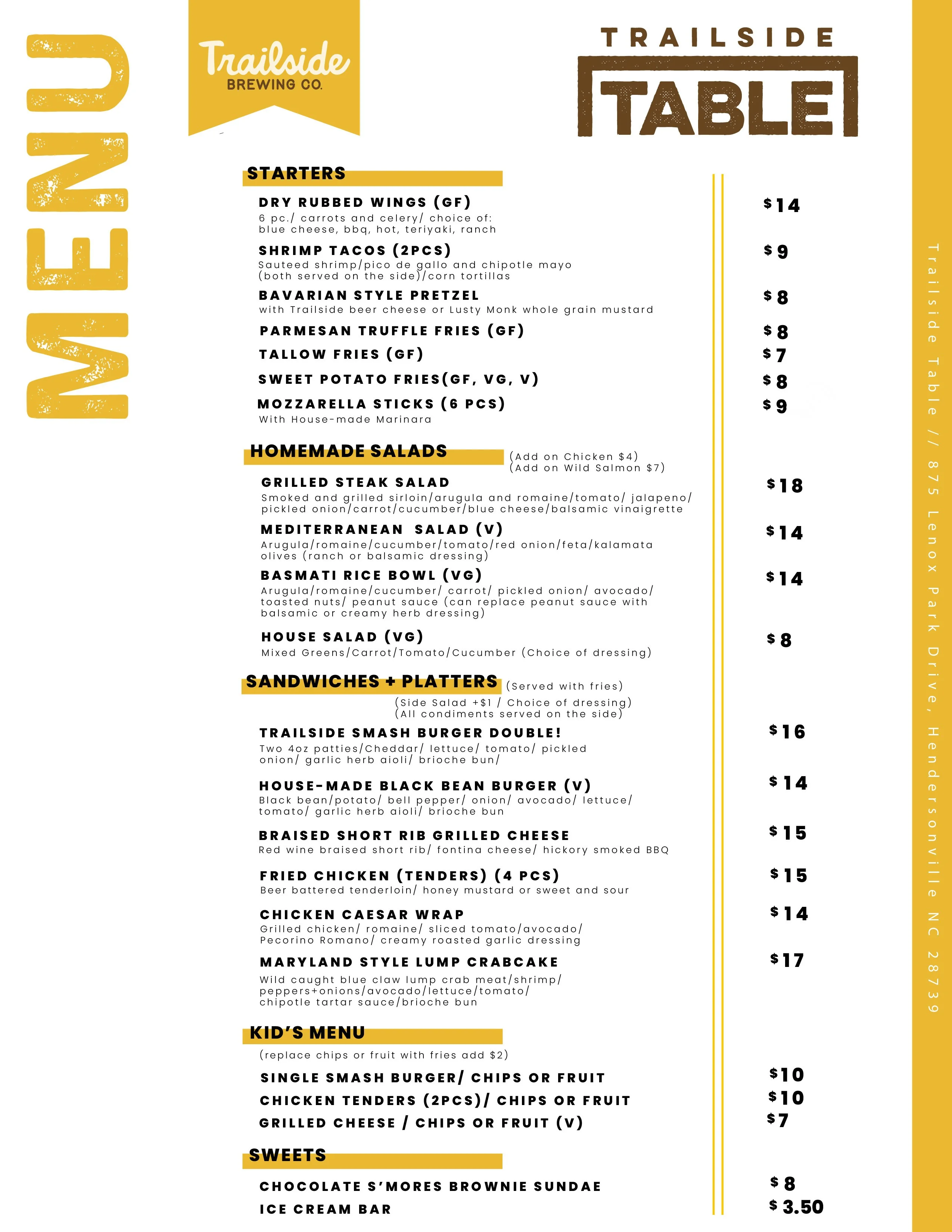 Restaurant menu featuring a variety of dishes and beverages.