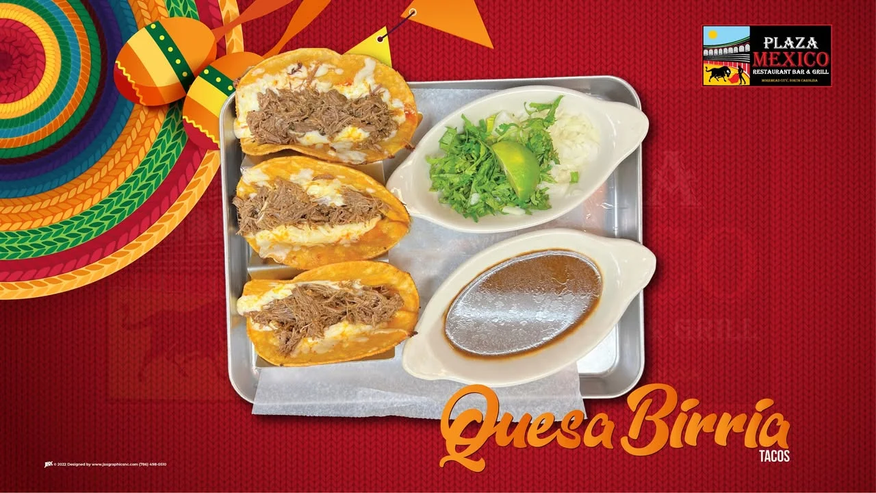 Delicious quesabirria tacos filled with shredded beef, served with a side of broth for dipping, accompanied by fresh cilantro and onions.