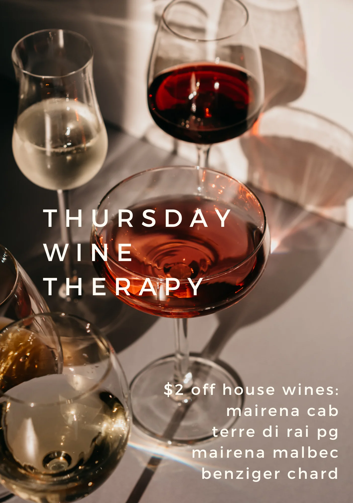 Variety of wine glasses showcasing a Thursday wine therapy event