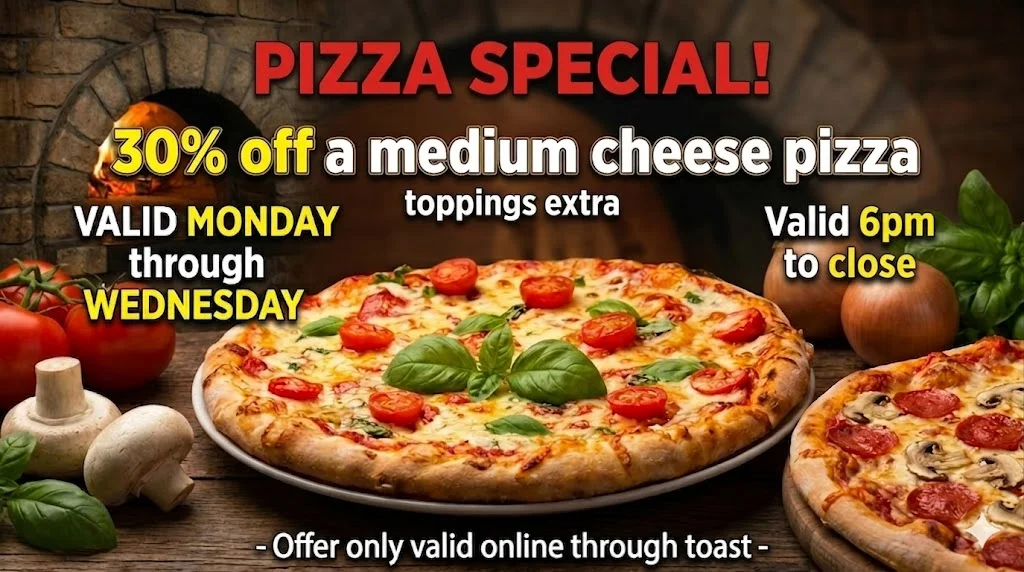 Mid-week pizza special: 30% off medium cheese pizza, valid Monday to Wednesday.