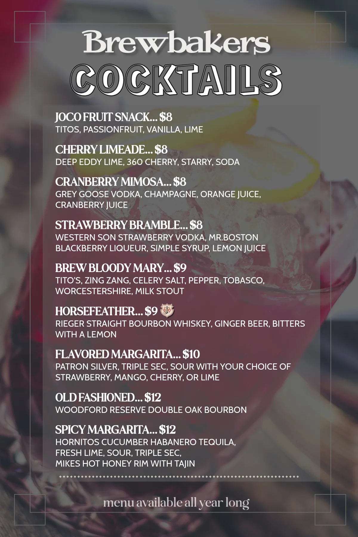 Cocktail menu featuring a variety of creative drinks
