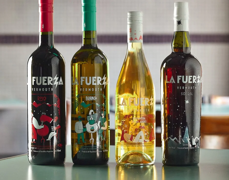 Variety of La Fuerza vermouth bottles on display
