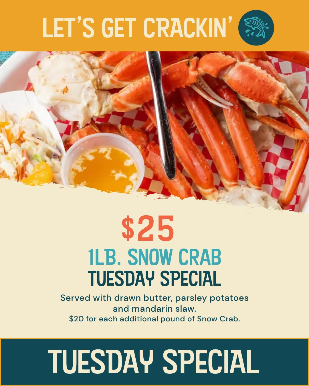 Plate of snow crab legs with drawn butter and slaw