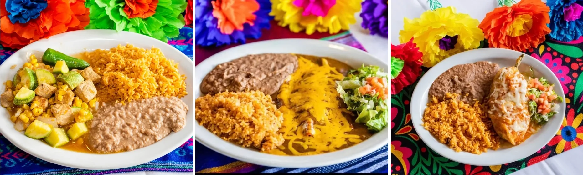 Colorful Mexican platter with rice, beans, and enchiladas