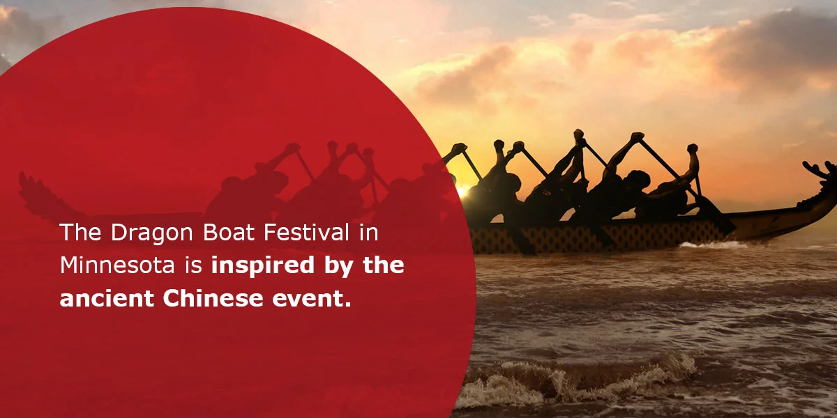 Dragon boat racing at sunset during a festival in Minnesota