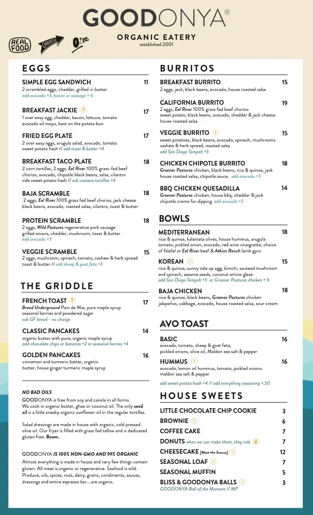 Menu of an organic eatery featuring diverse breakfast and burrito options