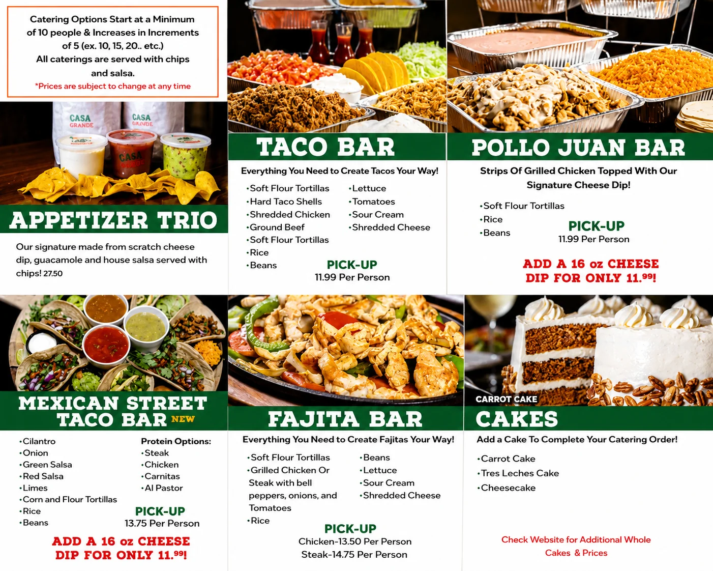 Catering menu featuring Mexican taco and fajita bars