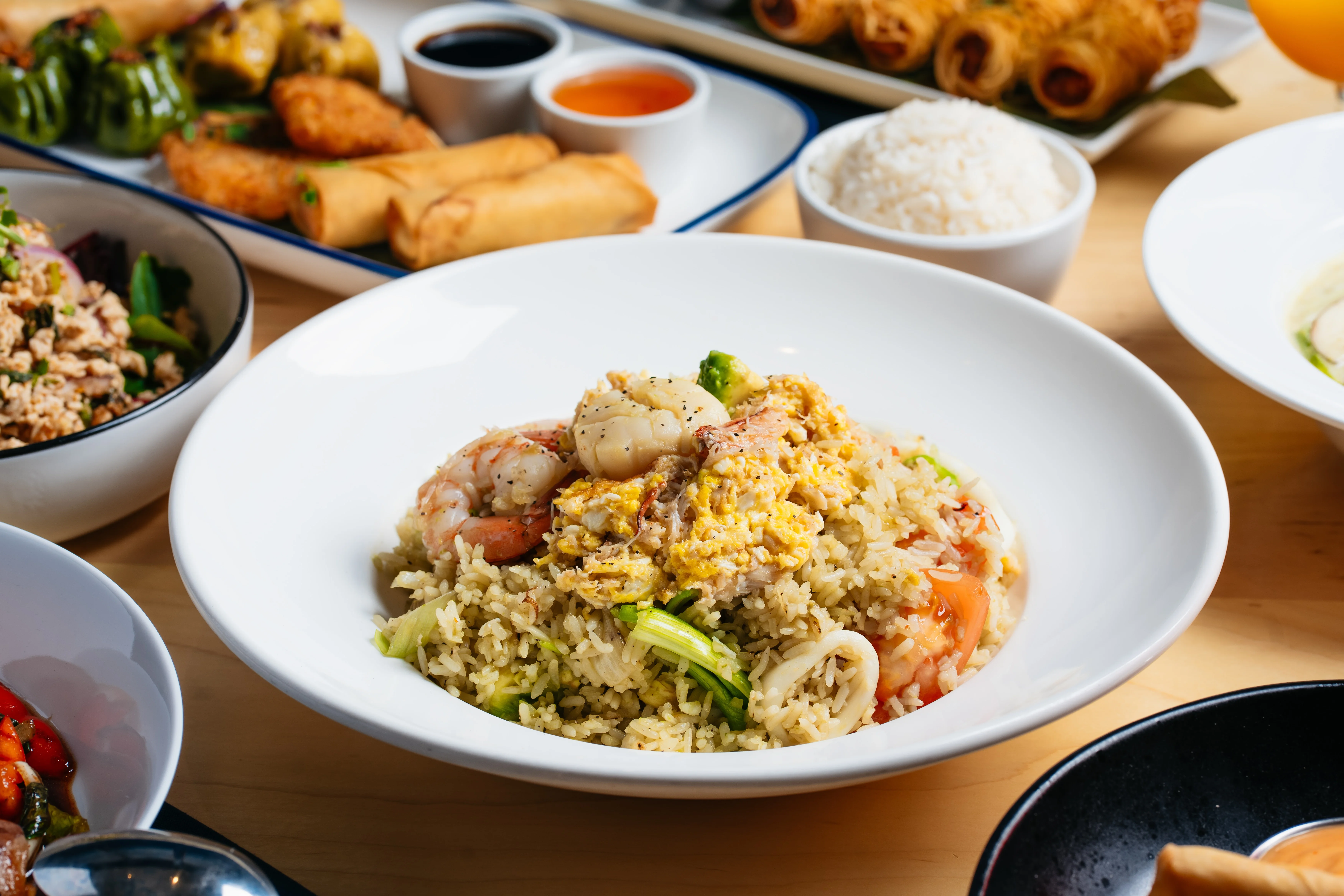 Shrimp fried rice served in a white bowl