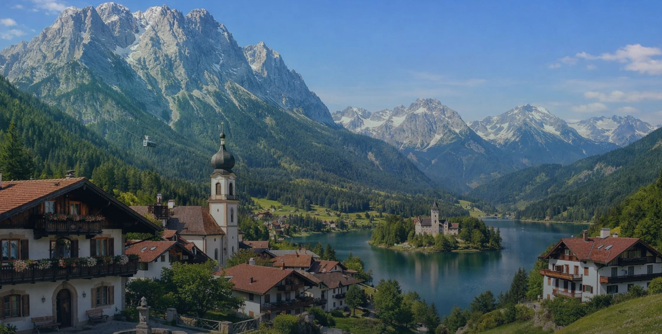 Scenic mountain village with lakes and peaks