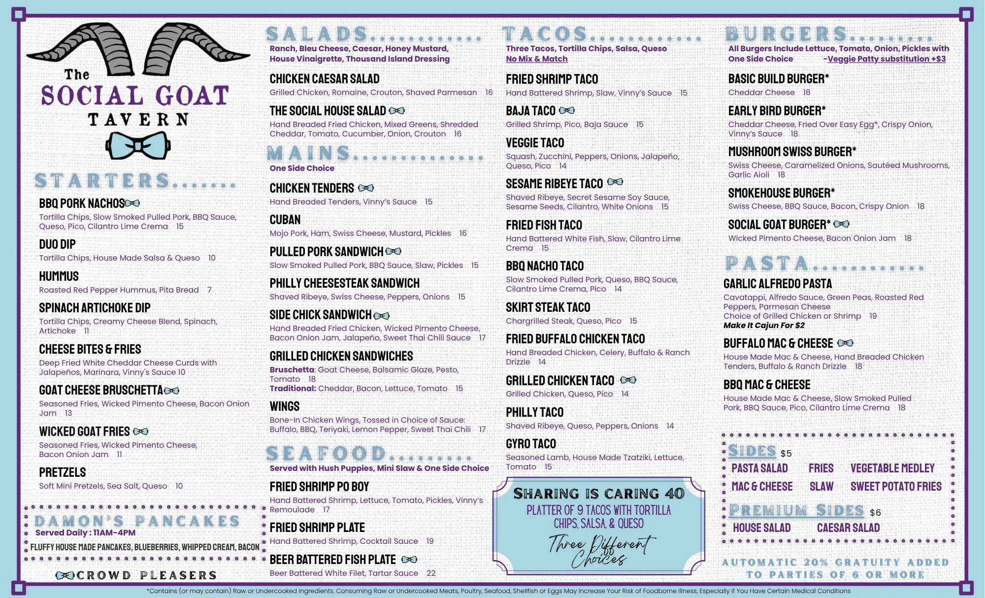 Menu of The Social Goat Tavern featuring diverse American dishes