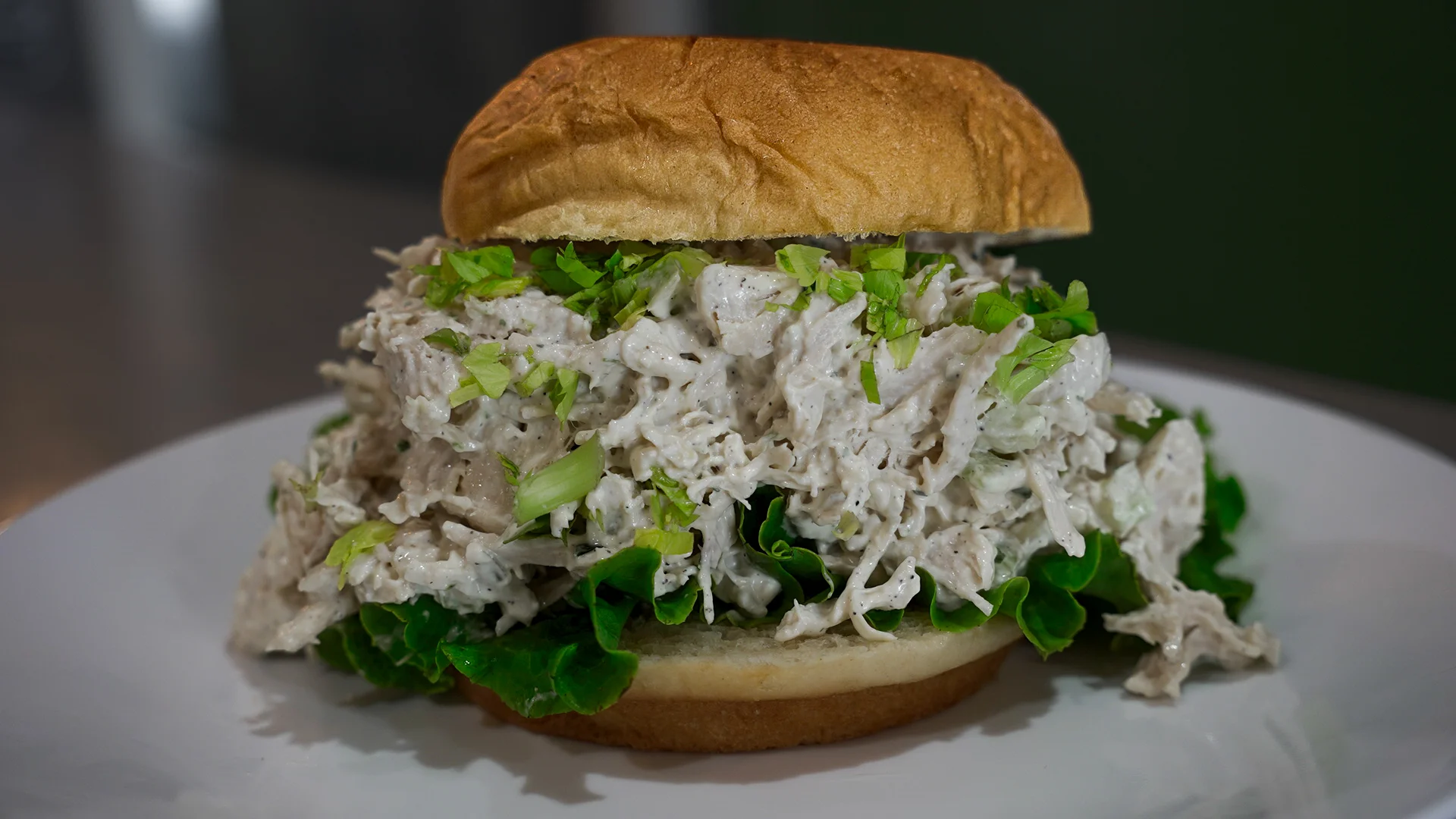 Classic chicken salad sandwich on a bun