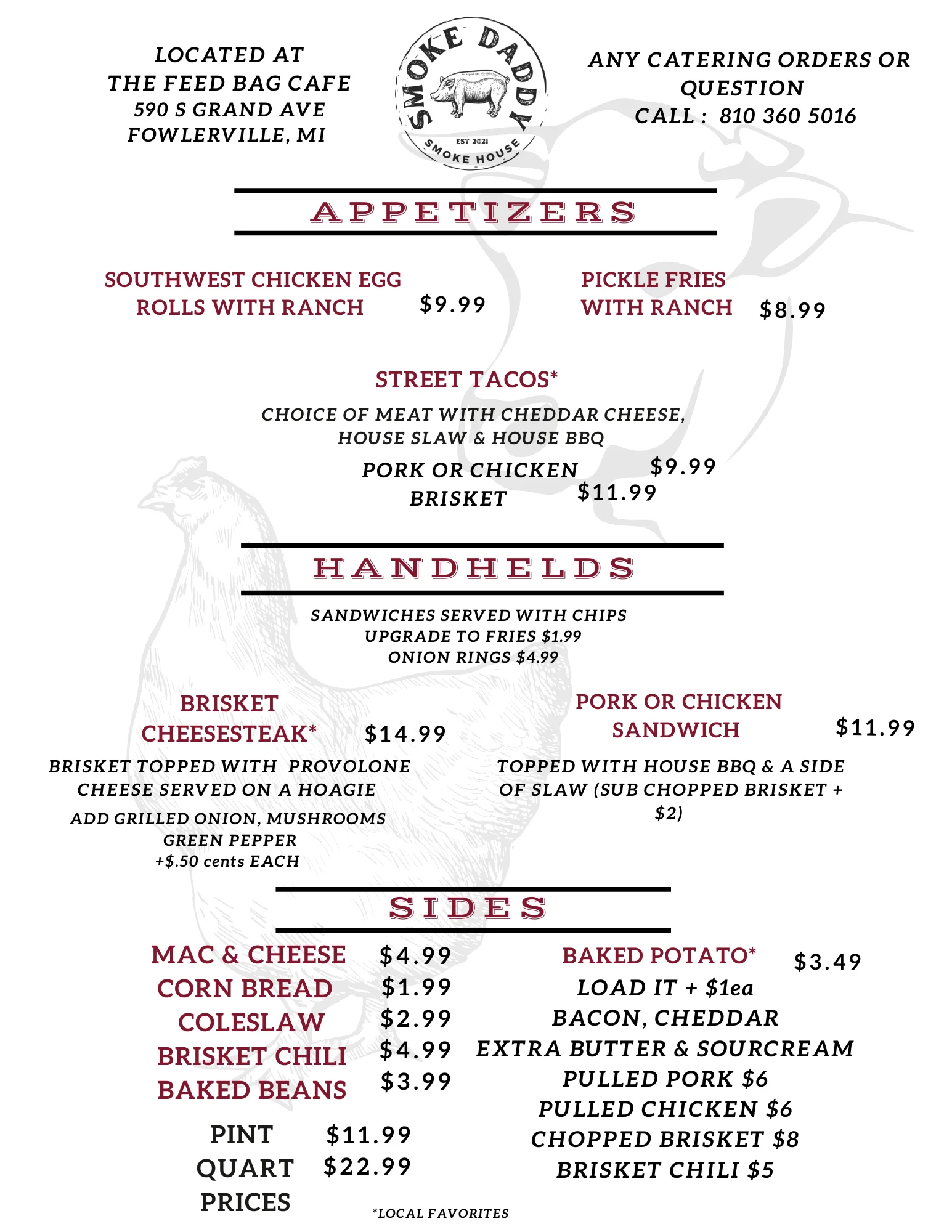 Menu of a smokehouse featuring BBQ dishes and sides