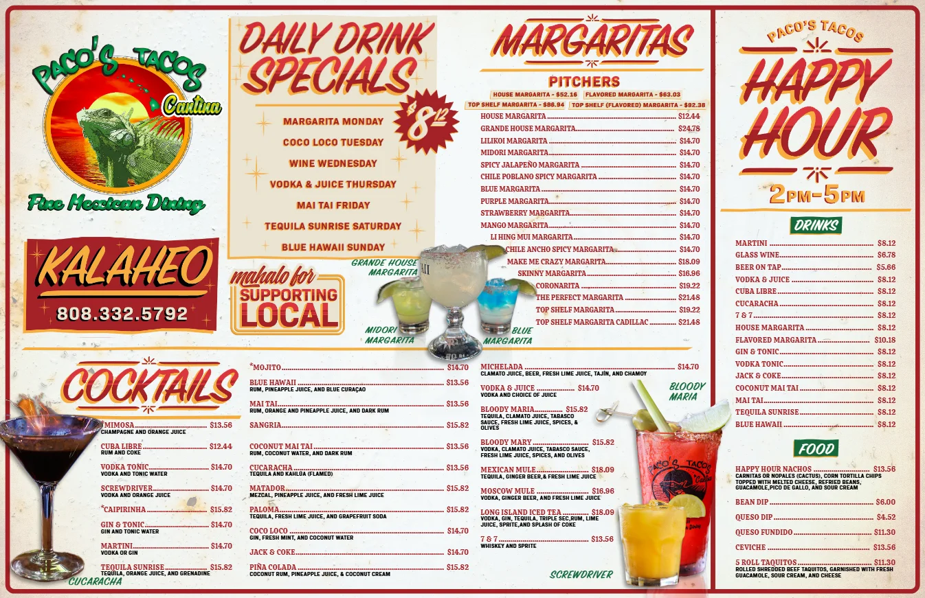 Colorful drink menu featuring margaritas and cocktails