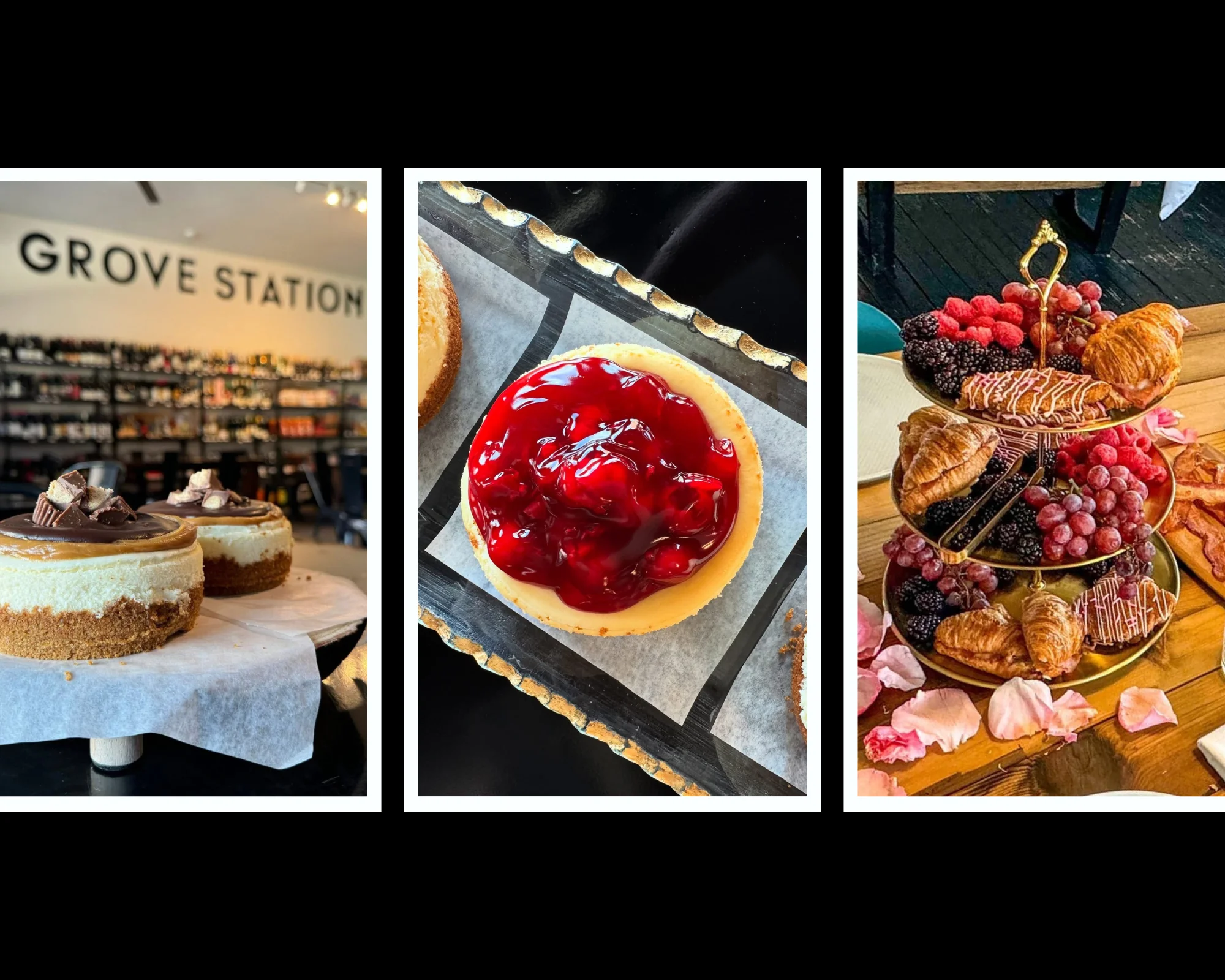 Decadent cheesecakes with cherry topping and assorted pastries on a tiered stand