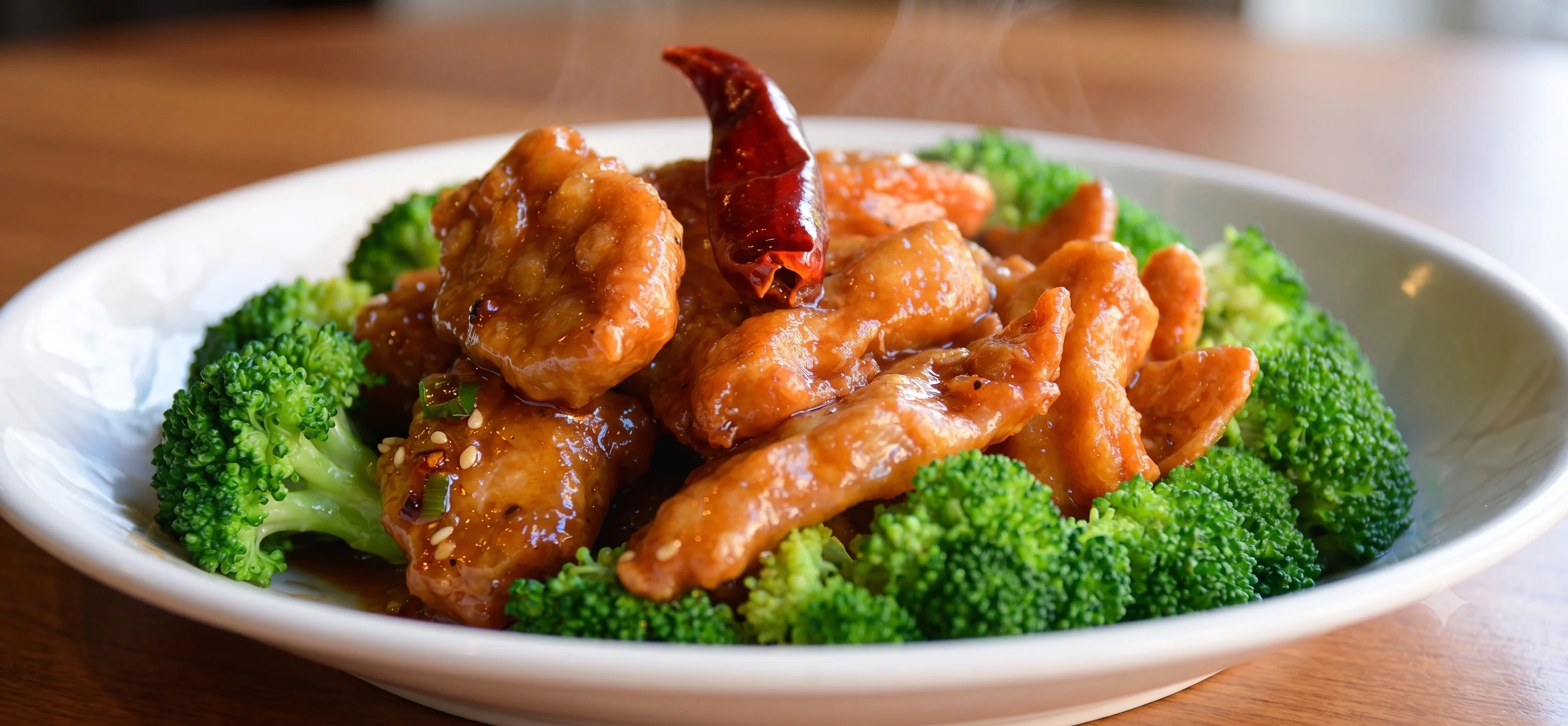 Sweet and spicy General Tso's chicken with broccoli