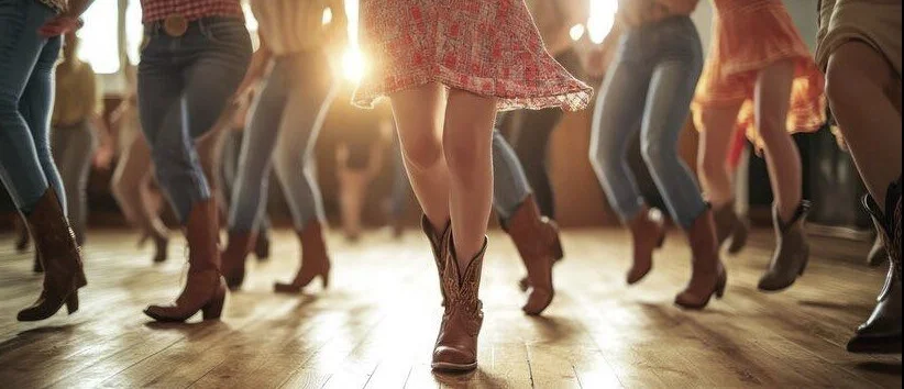 Group of dancers in cowboy boots performing line dance