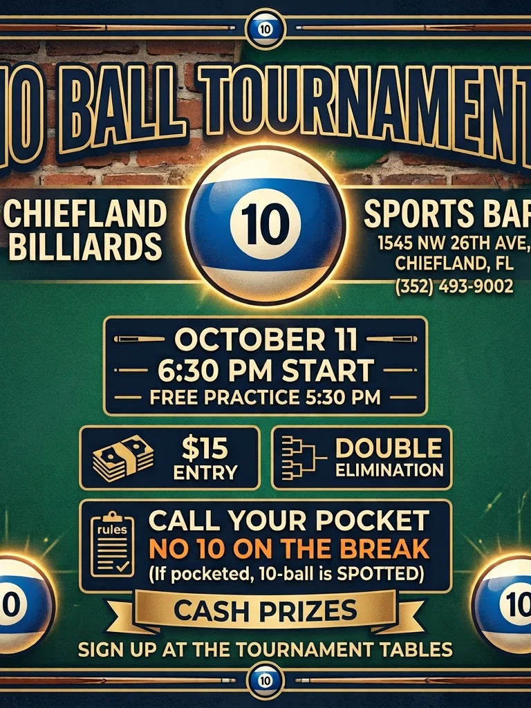 Professional 9-ball billiards tournament event poster for Chiefland Billiards
