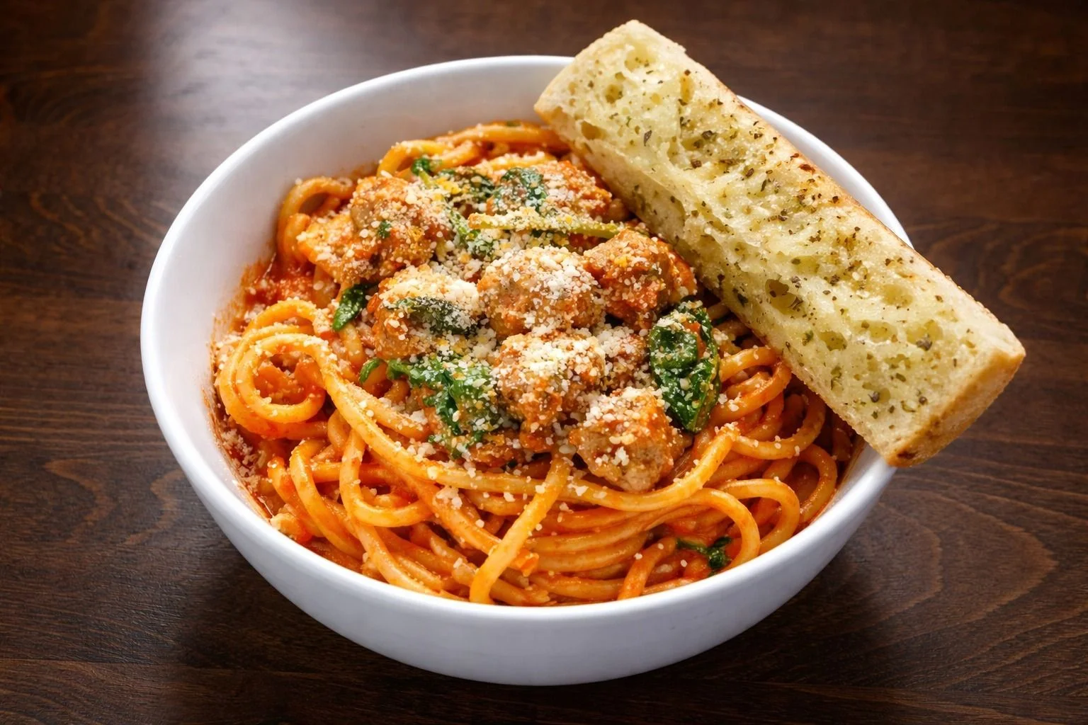 Vodka Sausage Bucatini with garlic focaccia at Maddalena's Italian Cafe