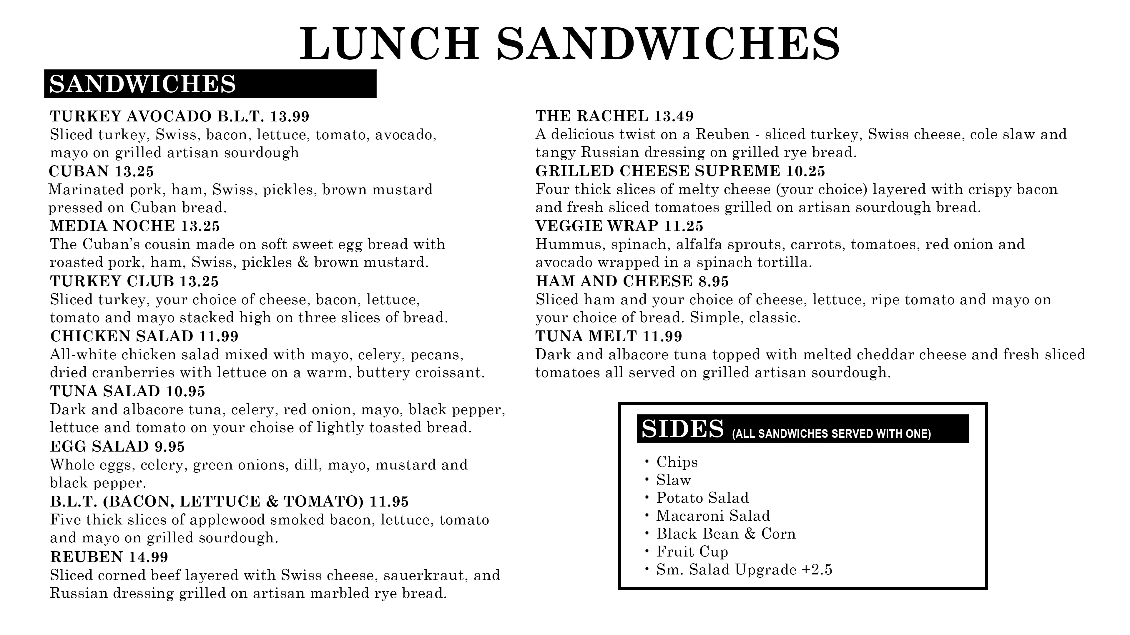 Variety of gourmet sandwiches displayed on a restaurant menu