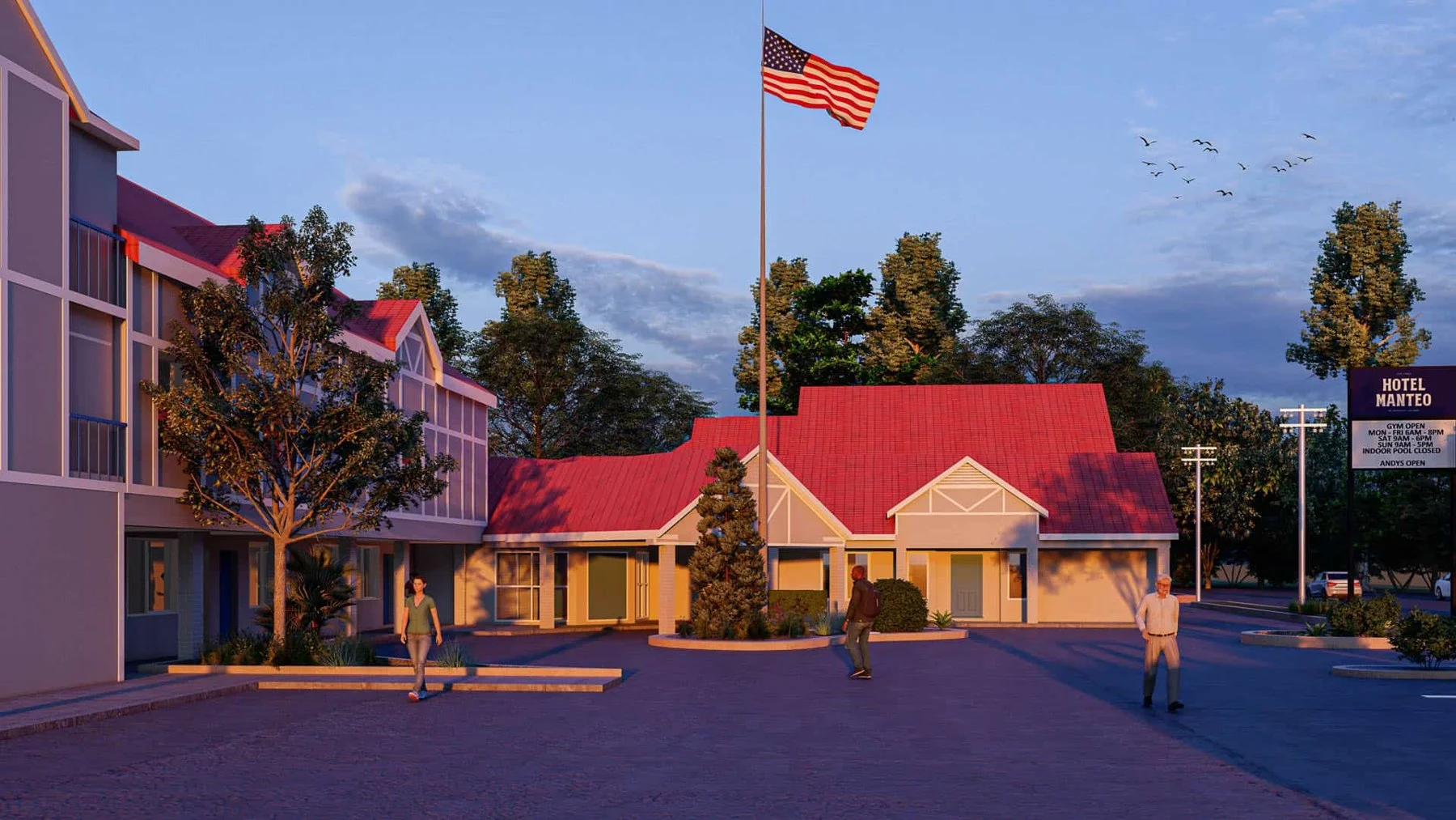 Hotel Manteo at dusk, a Trademark Collection by Wyndham hotel in Manteo NC