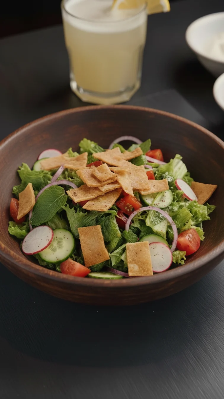 Fresh Mediterranean fattoush salad with crispy pita chips