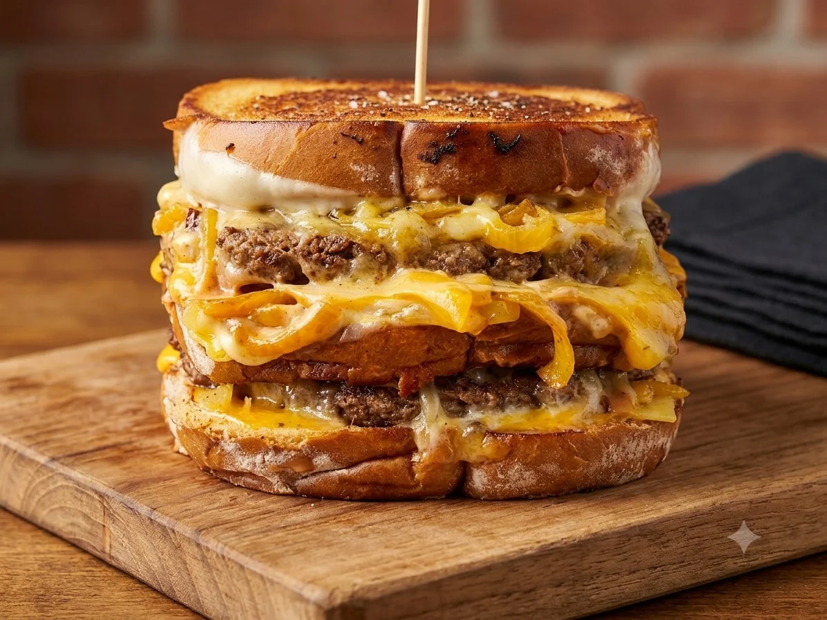 A towering burger made with multiple layers of beef patties and melted cheese on toasted bread.
