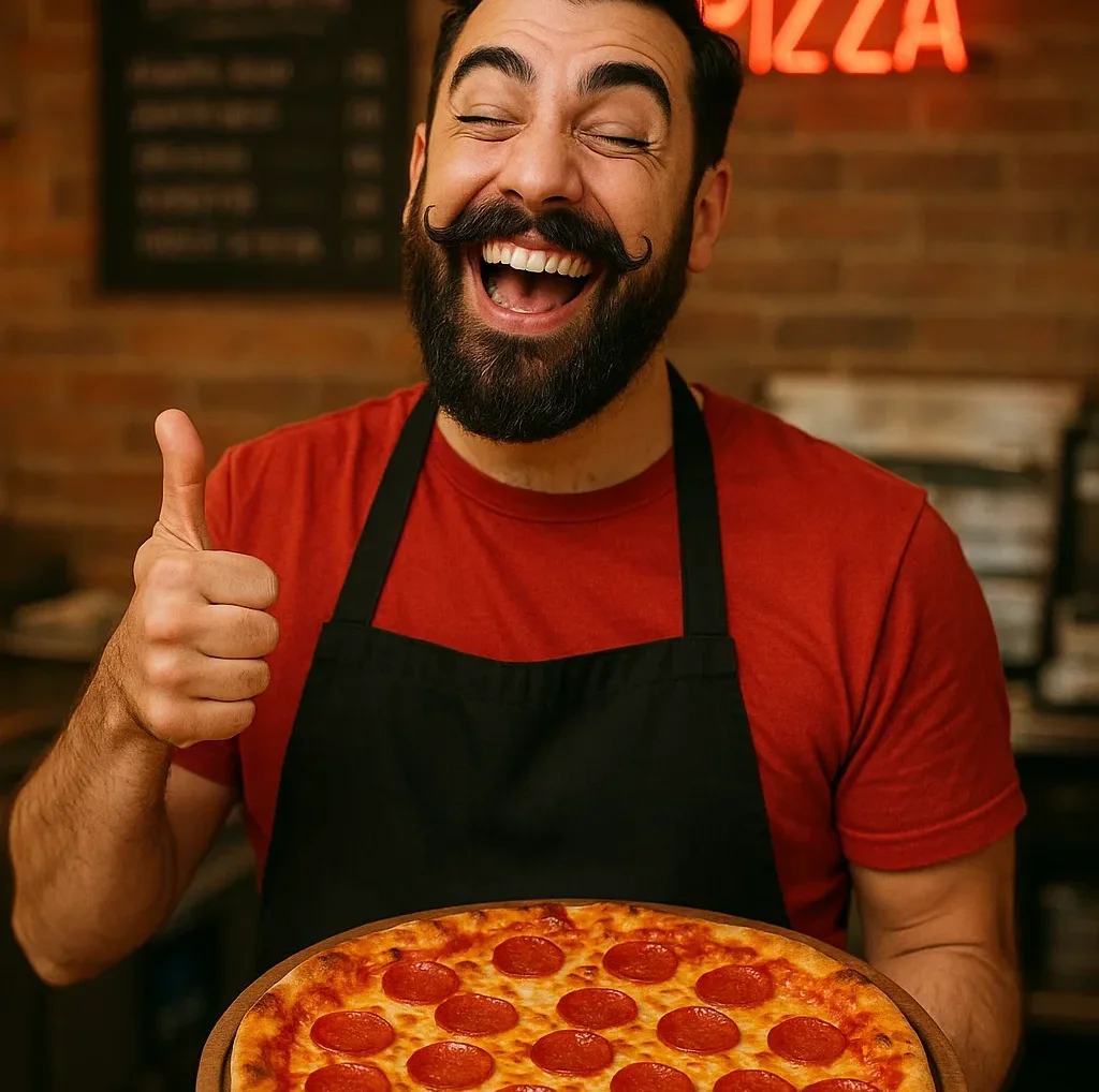 Smiling chef holding a pepperoni pizza in a cozy pizzeria