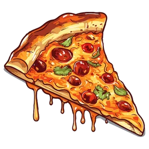 A slice of pizza with pepperoni, cheese, and green herbs. The cheese is melting and dripping from the slice.