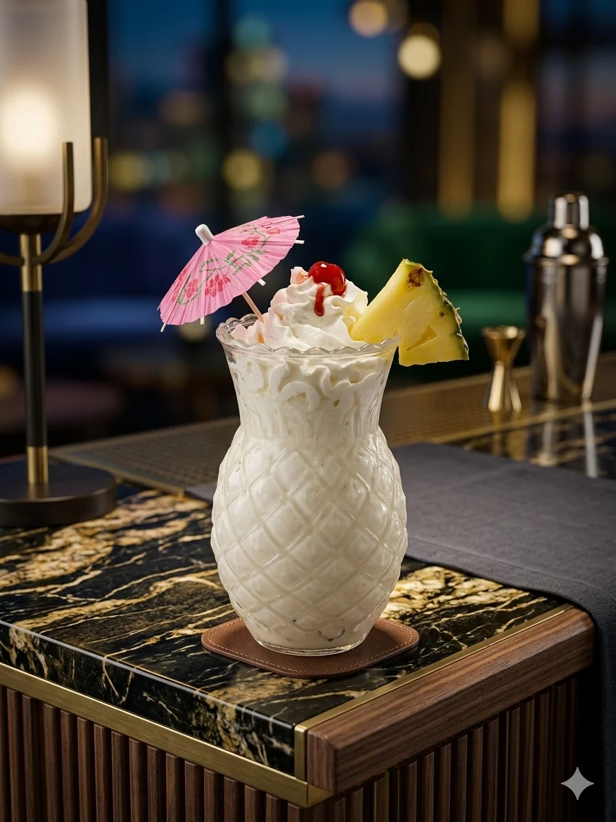 Tropical piña colada cocktail in a pineapple glass
