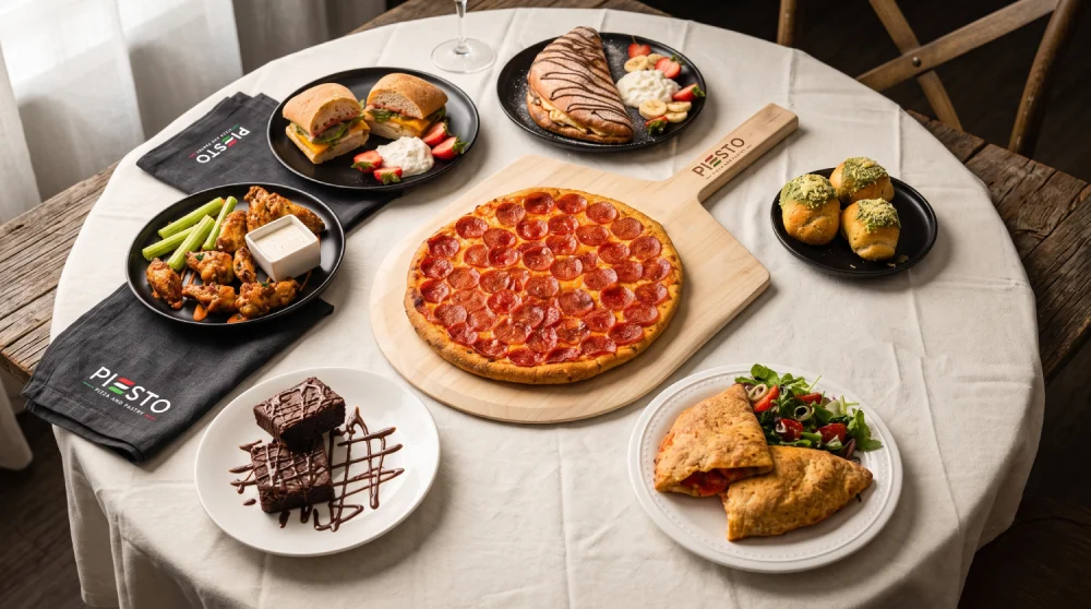Assorted American comfort food platter with pizza and wings