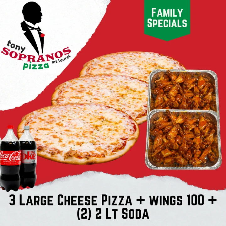 A promotional image featuring three large cheese pizzas, a container of spicy wings, and two bottles of soda, all showcased with a vibrant background.