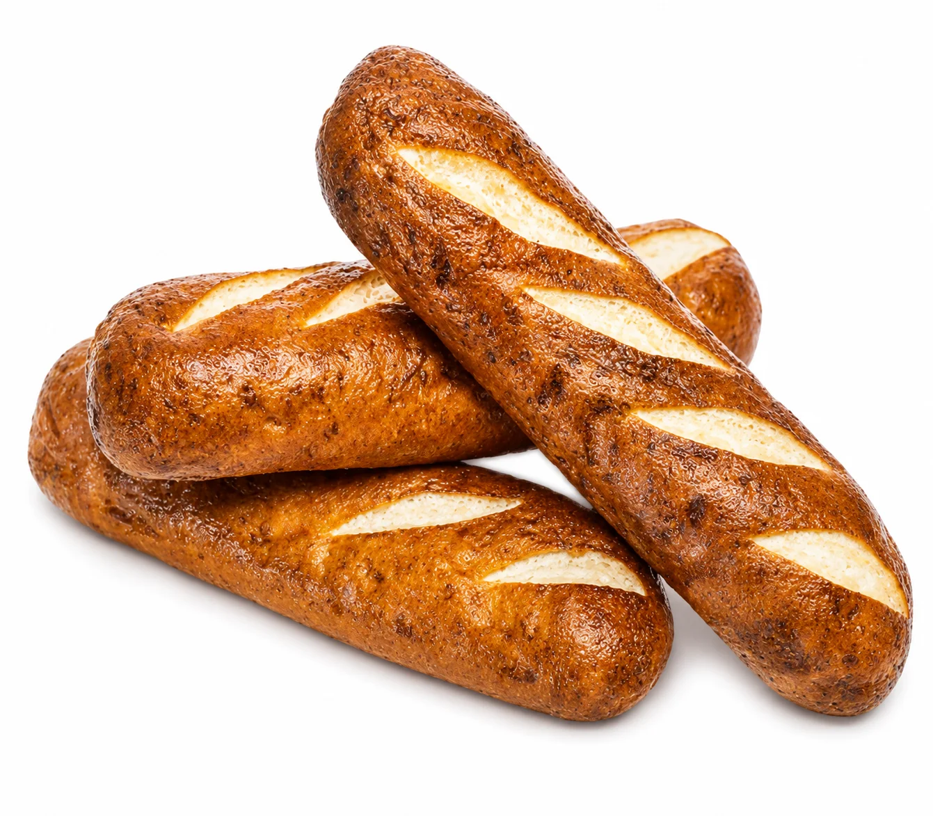 Three freshly baked bread rolls with golden crust and slashes on top.