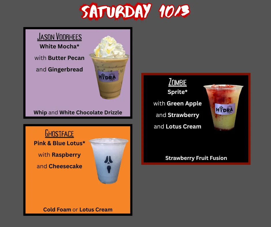 Colorful drink menu featuring various coffee and soda options