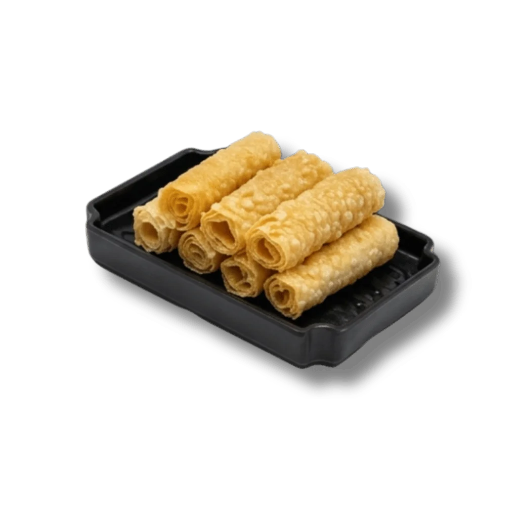 Plate of crispy rolled snacks arranged neatly.