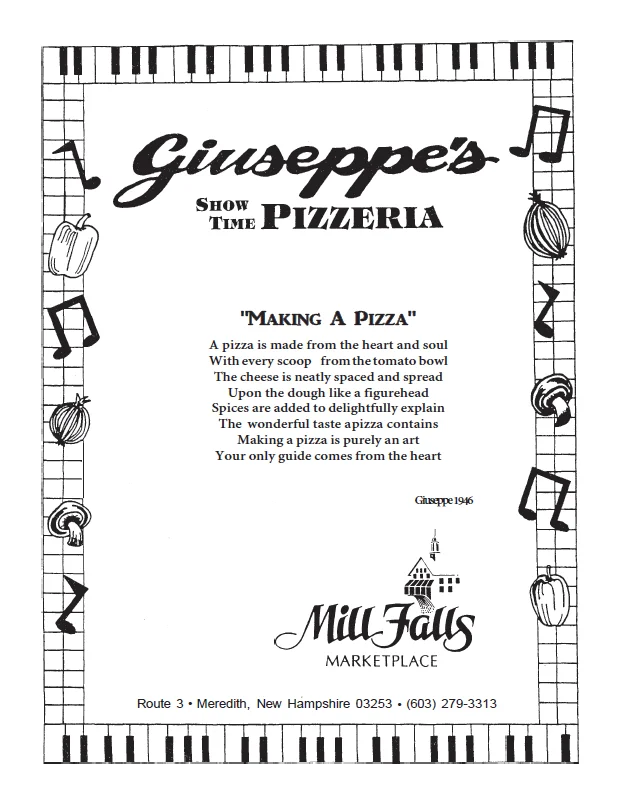 Menu from Giuseppe's Show Time Pizzeria featuring a poem about making pizza.