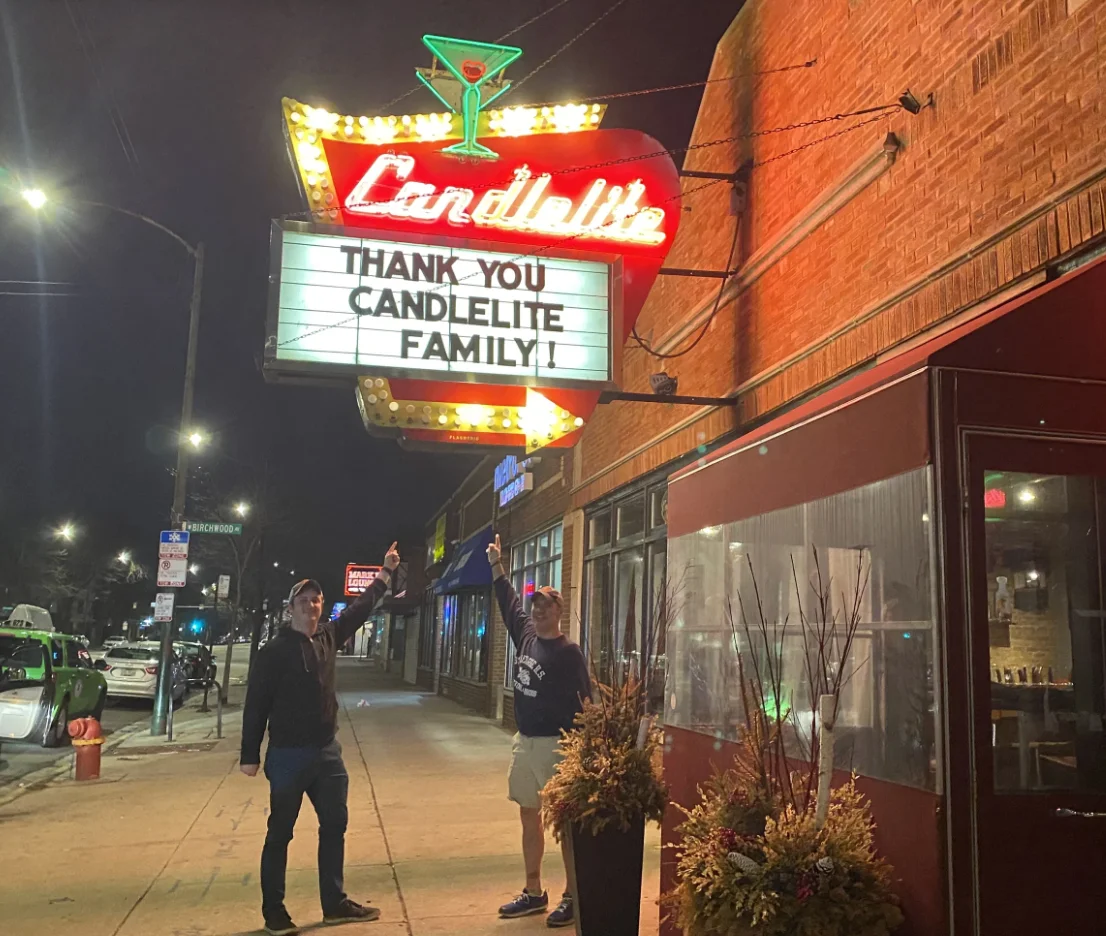 Candlelite restaurant marquee thanking patrons at night
