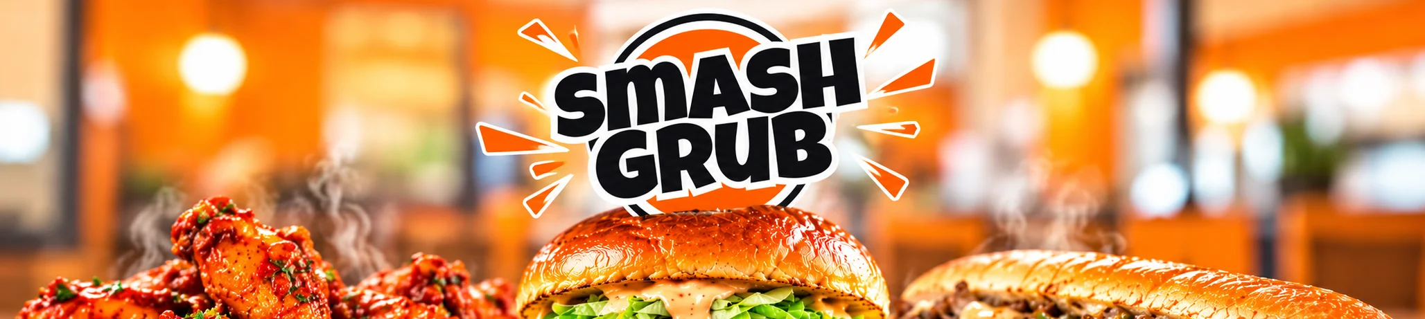 Smash burger, buffalo wings, and loaded cheesesteak sandwich in a restaurant spread