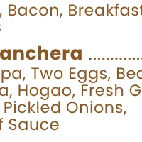 Brunch bakery coffee restaurant menu featuring Colombian breakfast specialties