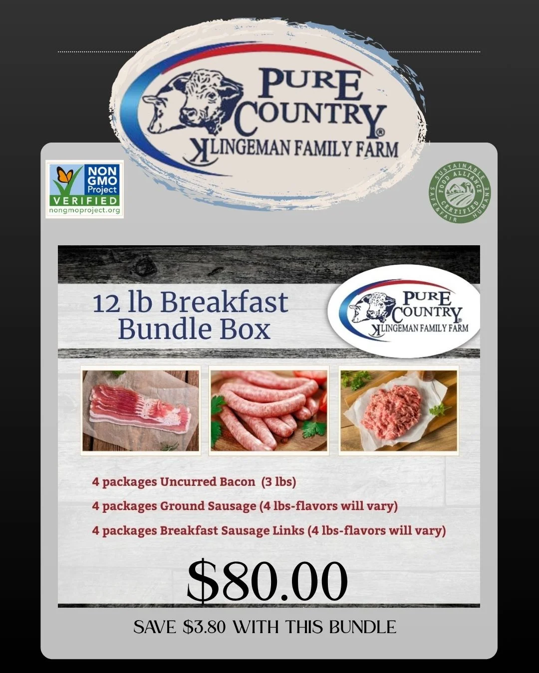 Breakfast sausage bundle promotional graphic with bacon, ground sausage, and sausage links