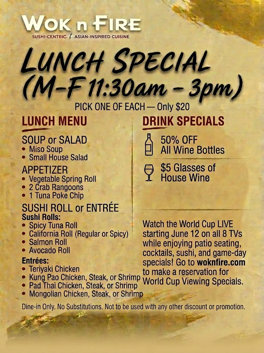 Asian-inspired lunch special menu featuring sushi and appetizers
