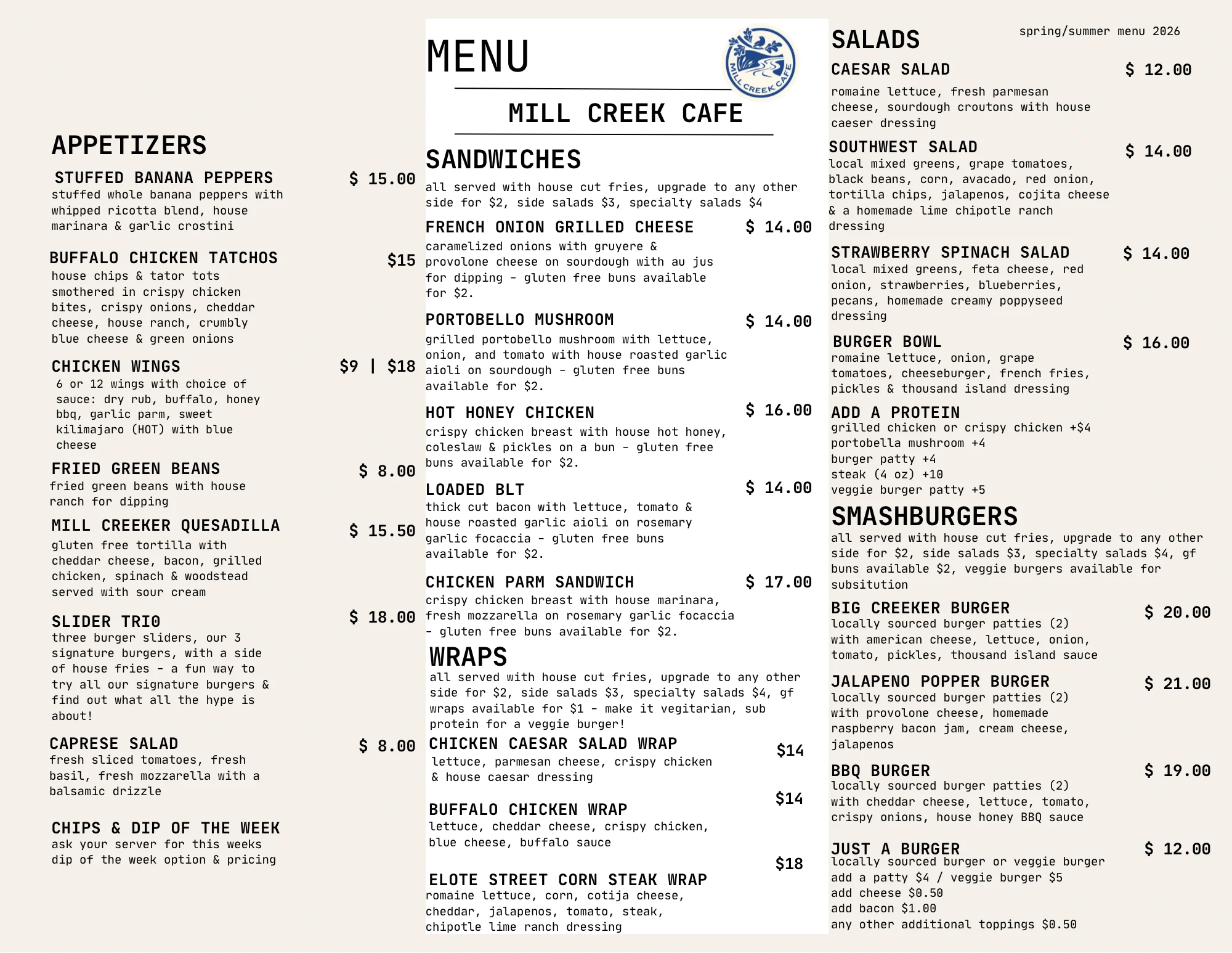 Restaurant menu featuring sandwiches, salads, burgers, wraps, and appetizers