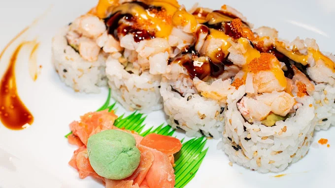 Delicious Japanese sushi rolls with shrimp and wasabi