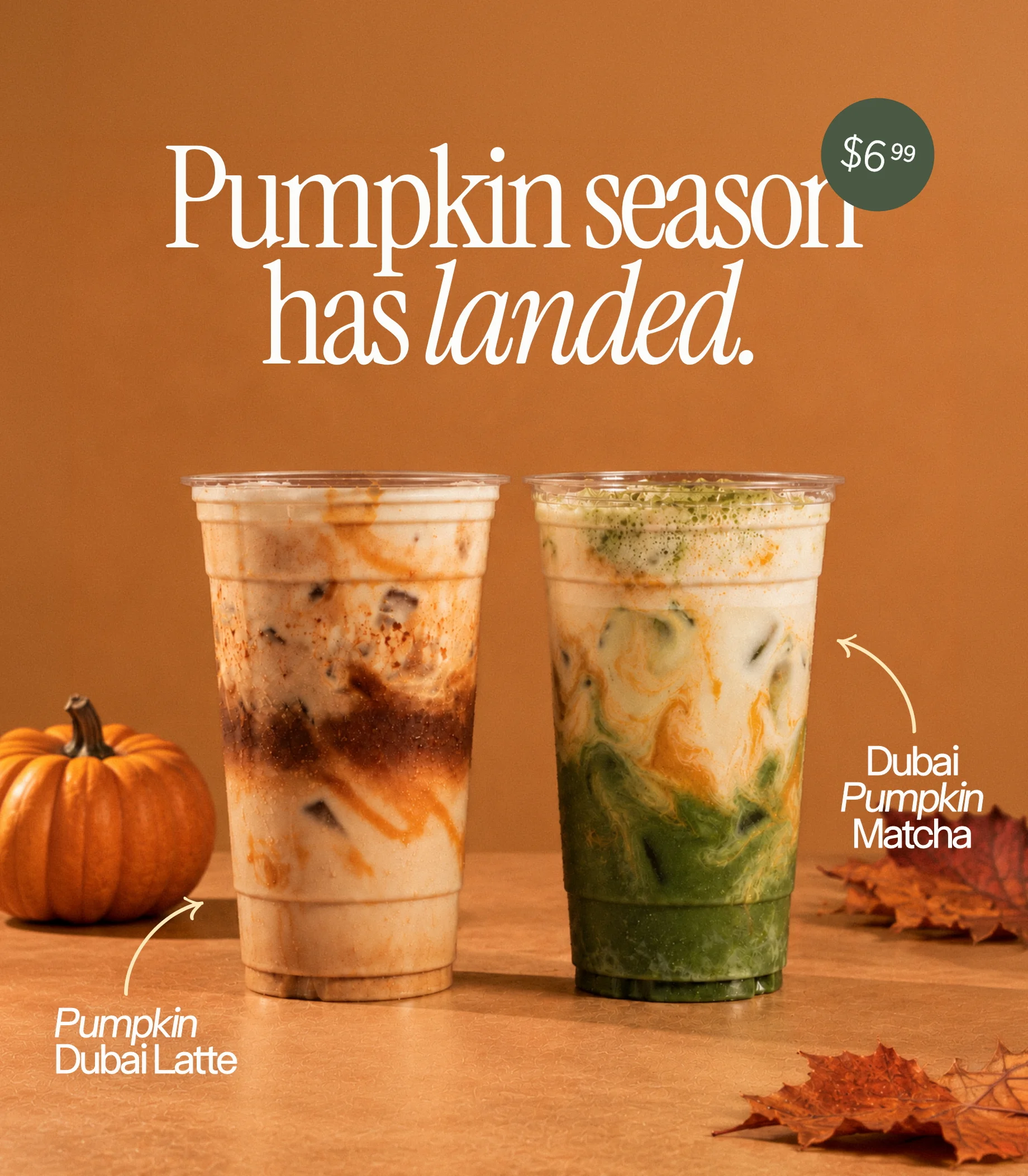Pumpkin Dubai latte and Dubai pumpkin matcha seasonal drinks