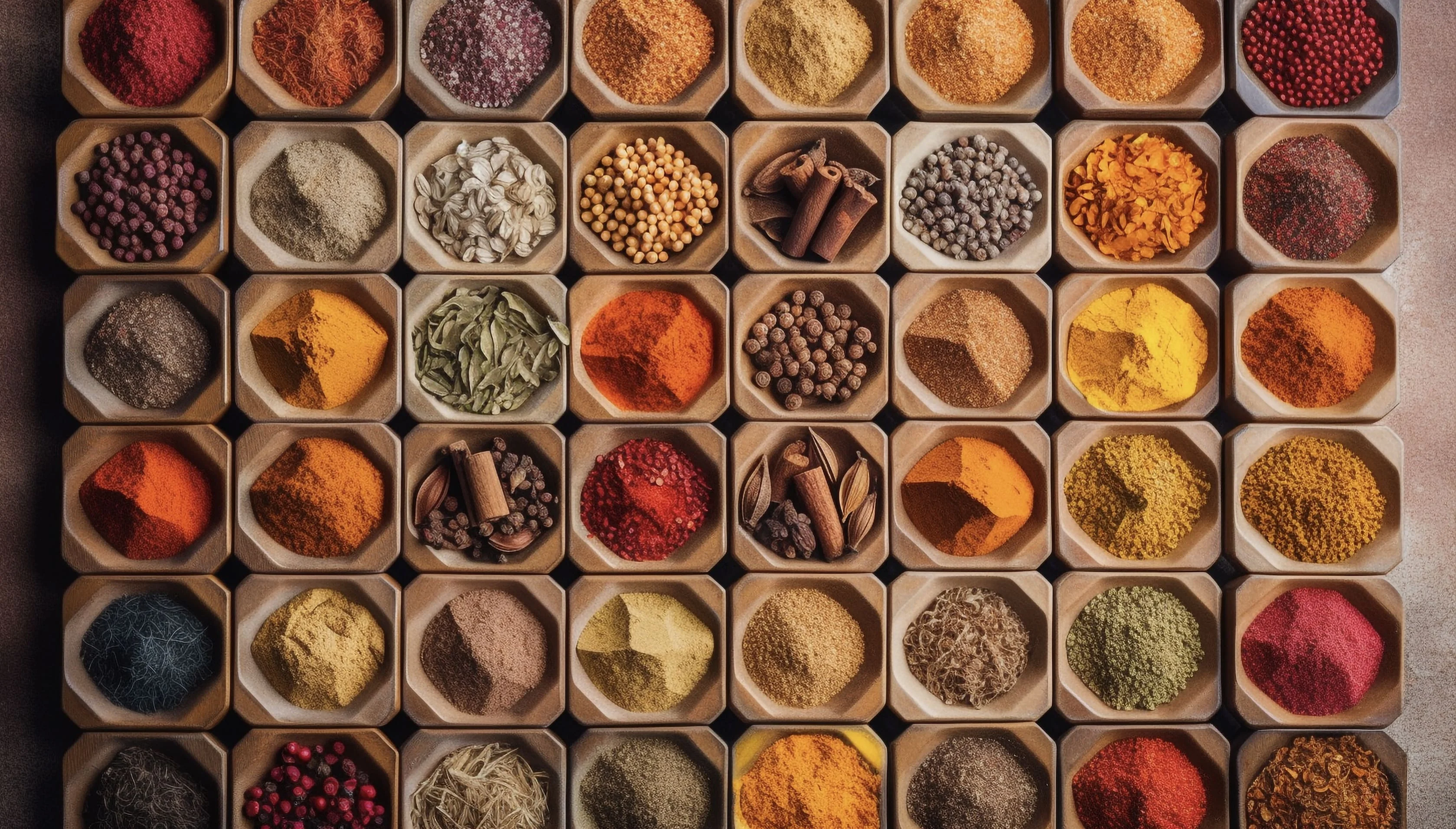 Colorful array of spices in wooden containers for culinary use