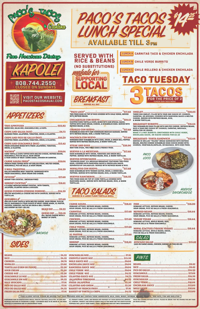 Colorful Mexican menu featuring tacos and enchiladas