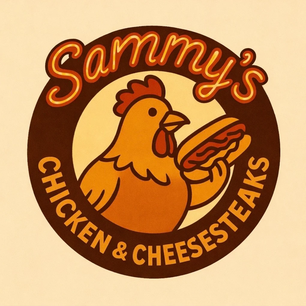 A logo featuring a cartoon chicken holding a hot dog, with the text 'Sammy's Chicken & Cheesesteaks'.
