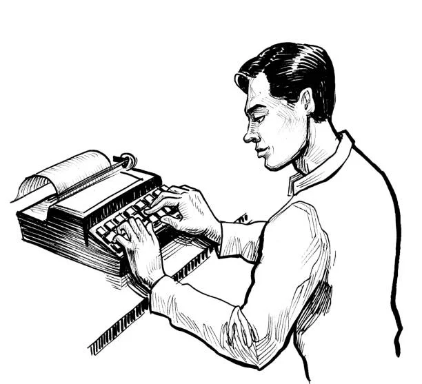 Illustration of a man typing on a vintage typewriter