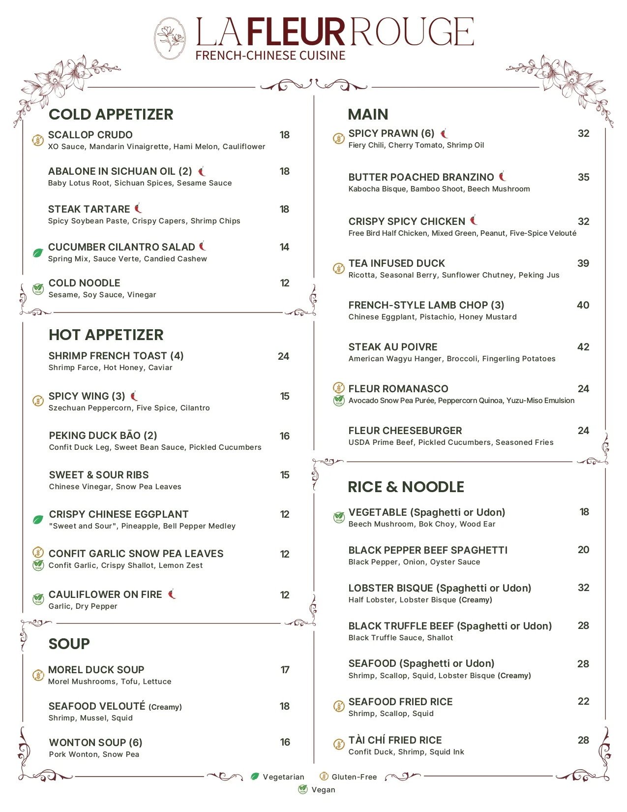 French-Chinese menu featuring diverse gourmet dishes